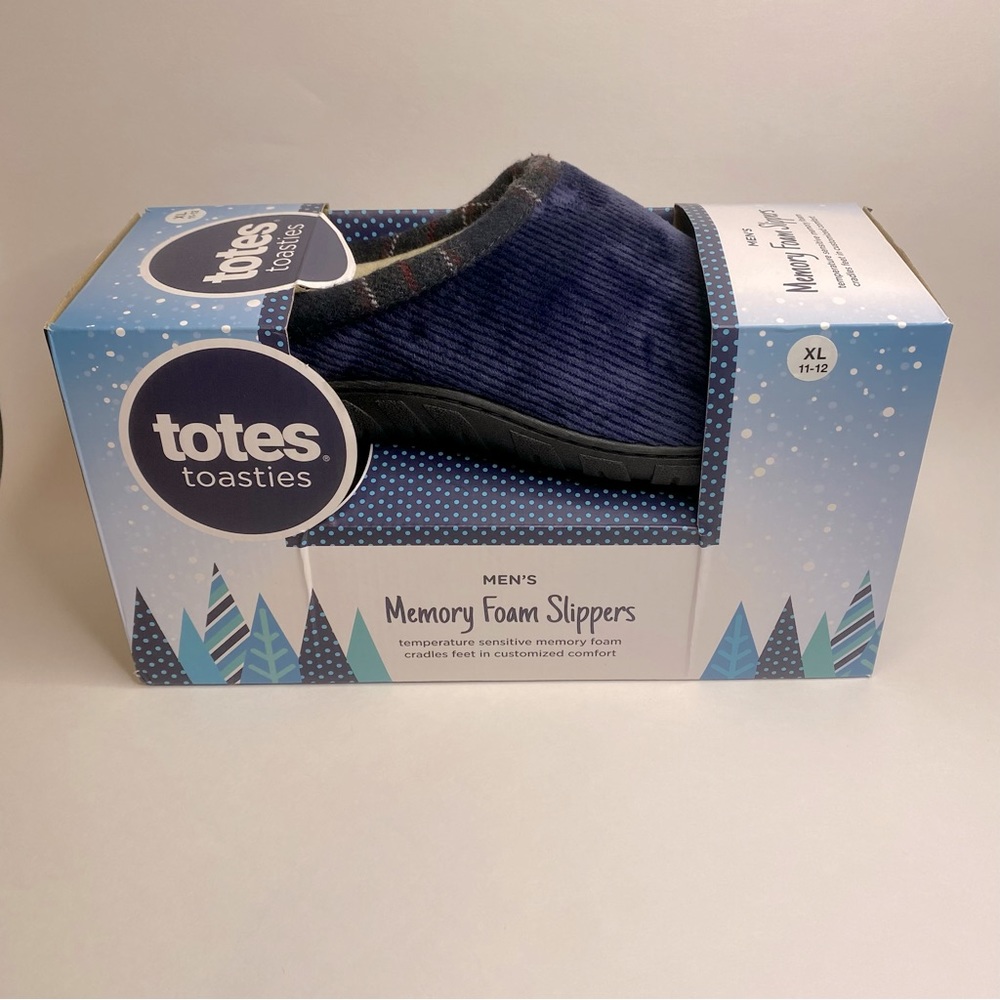 TOTES Toasties- Mens Navy Blue XL 11/12 Memory Foam Slippers. Brand New in Box.